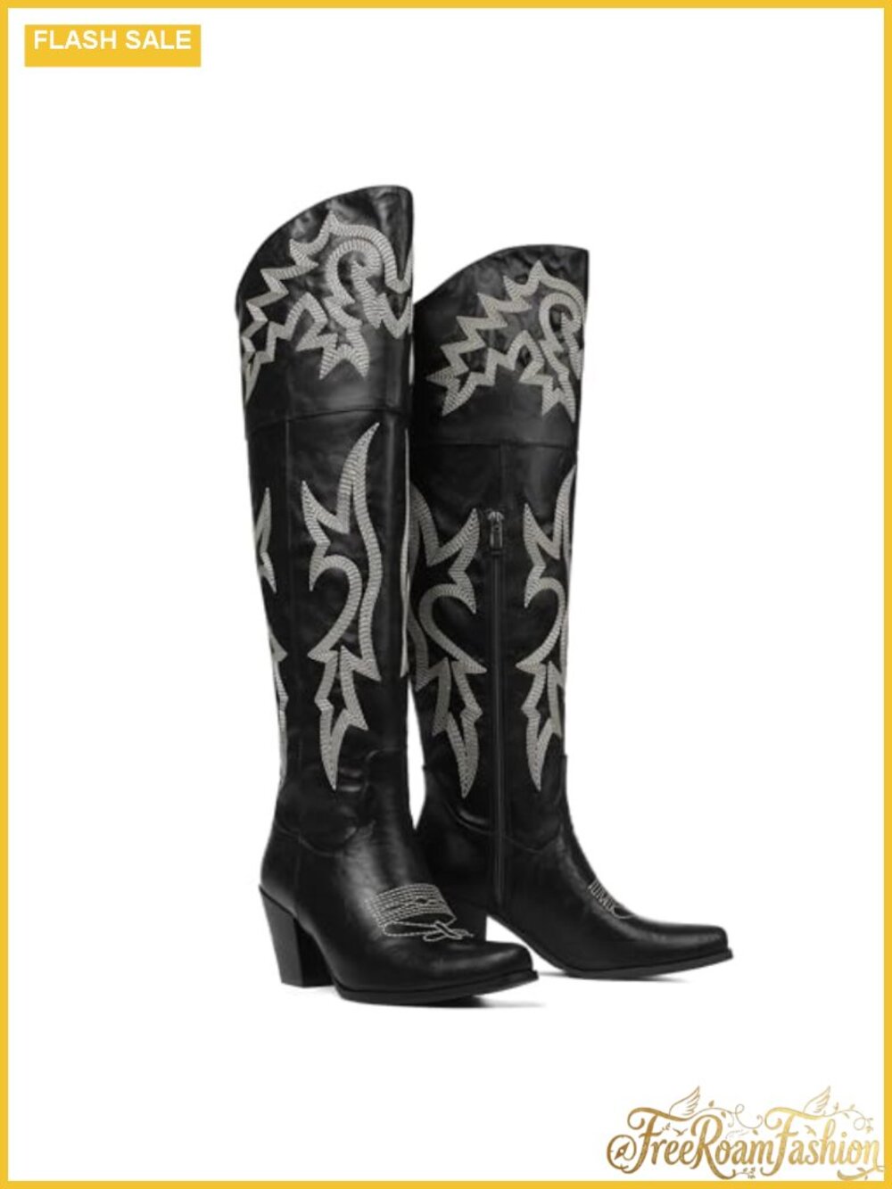 Over-the-Knee Western Cowgirl Boots with Block Heel & Embroidered Pointed Toe